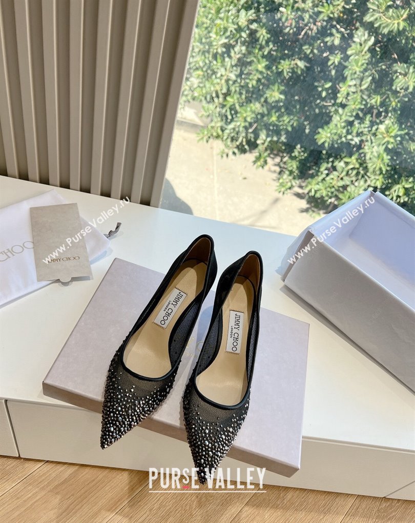 Jimmy Choo Mid Heel Love Mesh Pointed-Toe Pumps Black/Silver with Degrade Crystals 2024 (kaola-24010606)