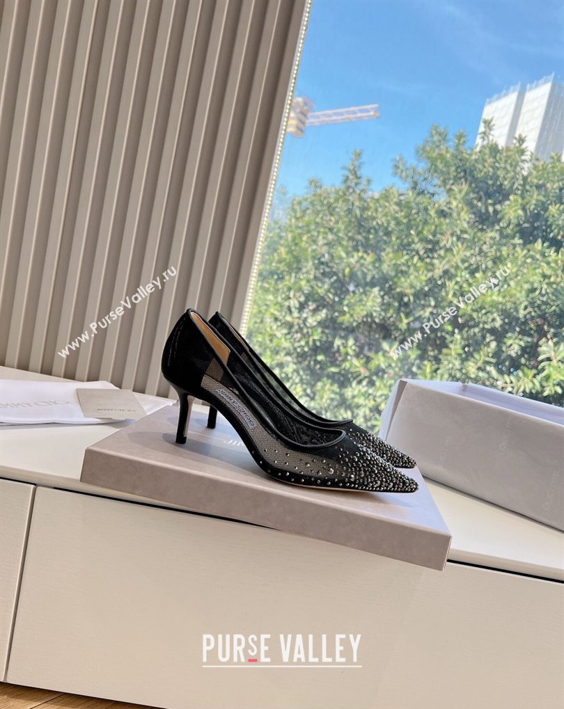 Jimmy Choo Mid Heel Love Mesh Pointed-Toe Pumps Black/Silver with Degrade Crystals 2024 (kaola-24010606)