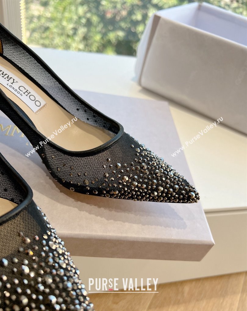 Jimmy Choo Mid Heel Love Mesh Pointed-Toe Pumps Black/Silver with Degrade Crystals 2024 (kaola-24010606)