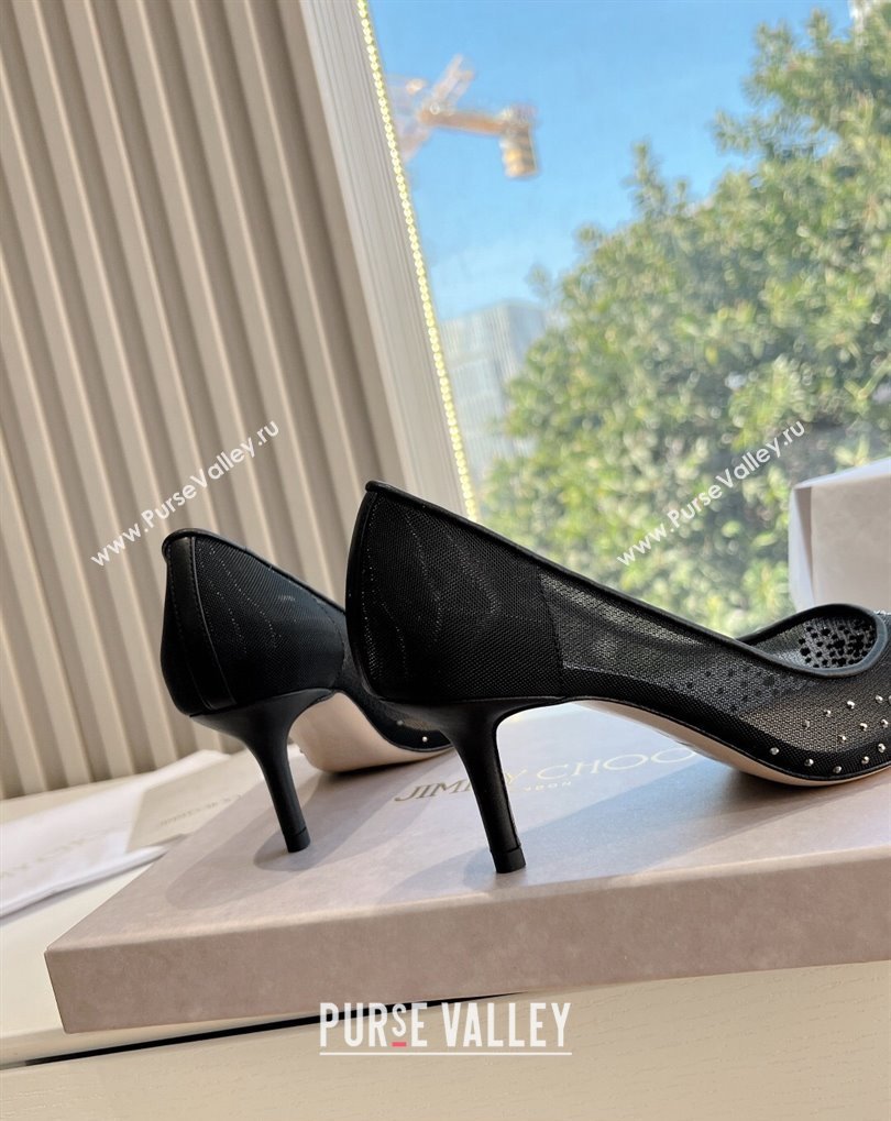 Jimmy Choo Mid Heel Love Mesh Pointed-Toe Pumps Black/Silver with Degrade Crystals 2024 (kaola-24010606)
