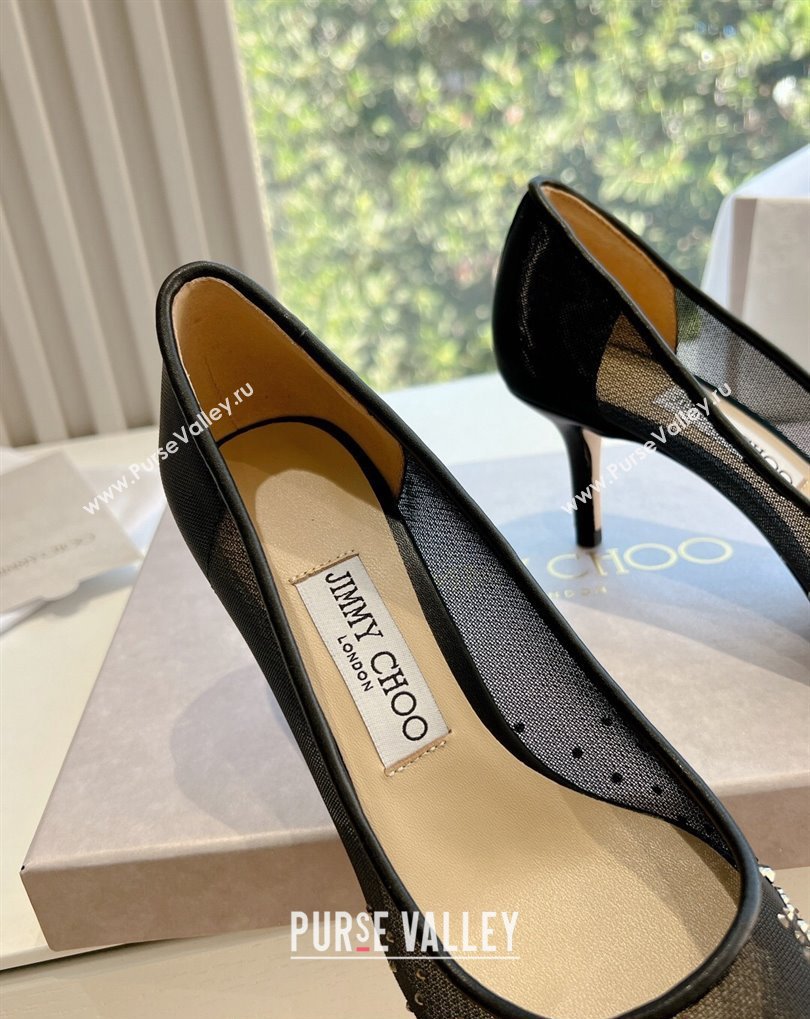 Jimmy Choo Mid Heel Love Mesh Pointed-Toe Pumps Black/Silver with Degrade Crystals 2024 (kaola-24010606)