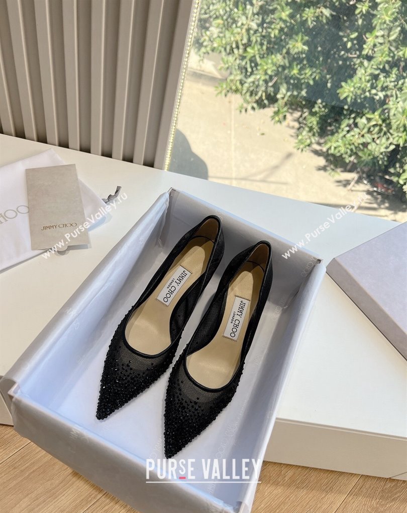 Jimmy Choo Mid Heel Love Mesh Pointed-Toe Pumps Black with Degrade Crystals 2024 (kaola-24010605)