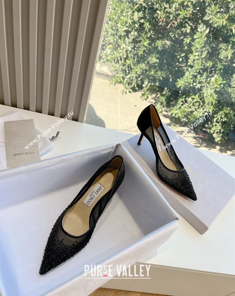 Jimmy Choo Mid Heel Love Mesh Pointed-Toe Pumps Black with Degrade Crystals 2024 (kaola-24010605)