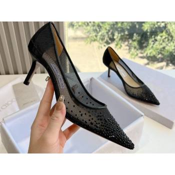 Jimmy Choo Mid Heel Love Mesh Pointed-Toe Pumps Black with Degrade Crystals 2024 (kaola-24010605)