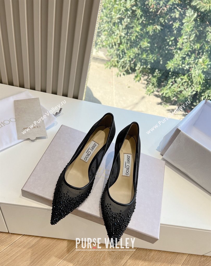 Jimmy Choo Mid Heel Love Mesh Pointed-Toe Pumps Black with Degrade Crystals 2024 (kaola-24010605)