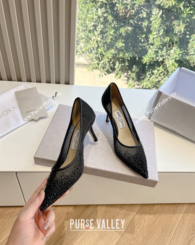 Jimmy Choo Mid Heel Love Mesh Pointed-Toe Pumps Black with Degrade Crystals 2024 (kaola-24010605)