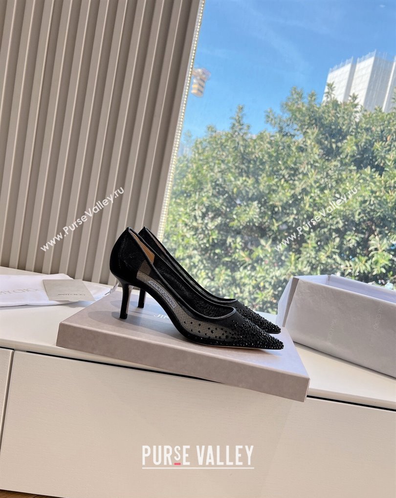Jimmy Choo Mid Heel Love Mesh Pointed-Toe Pumps Black with Degrade Crystals 2024 (kaola-24010605)