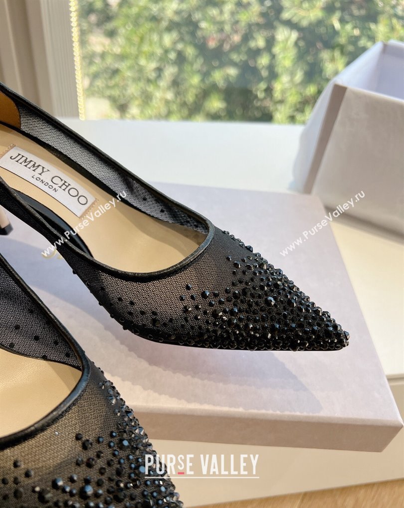 Jimmy Choo Mid Heel Love Mesh Pointed-Toe Pumps Black with Degrade Crystals 2024 (kaola-24010605)