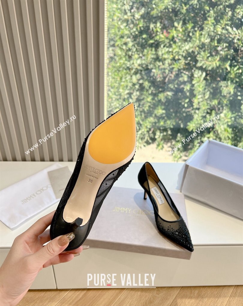 Jimmy Choo Mid Heel Love Mesh Pointed-Toe Pumps Black with Degrade Crystals 2024 (kaola-24010605)