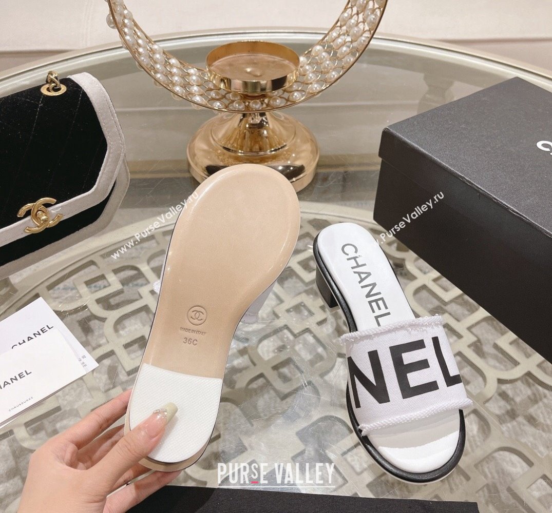 Chanel Heel 4.5cm Logo Fabric Mules White 2024 (modeng-24010425)