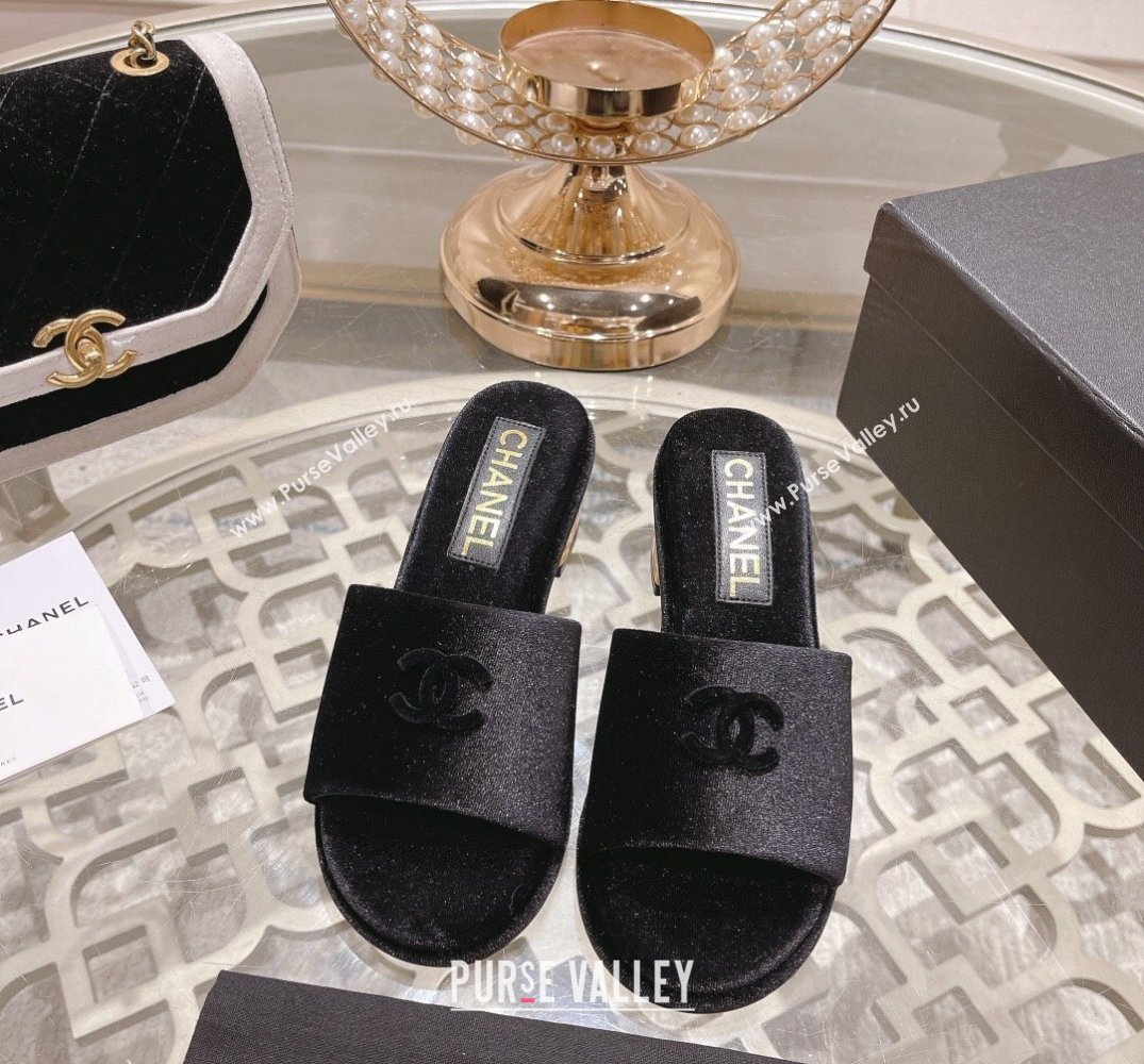 Chanel Gold Heel CC Logo Fabric Mules Black 2024 (modeng-24010419)