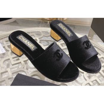 Chanel Gold Heel CC Logo Fabric Mules Black 2024 (modeng-24010419)