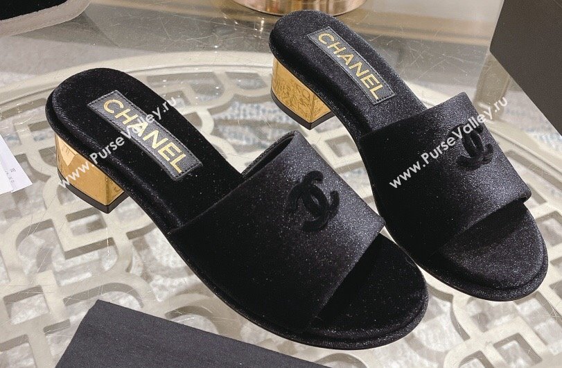 Chanel Gold Heel CC Logo Fabric Mules Black 2024 (modeng-24010419)