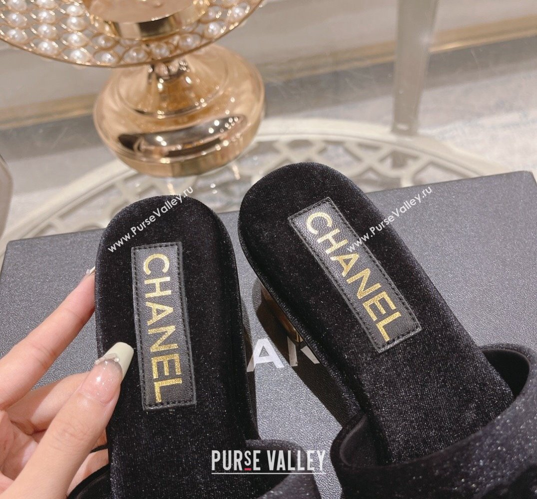 Chanel Gold Heel CC Logo Fabric Mules Black 2024 (modeng-24010419)