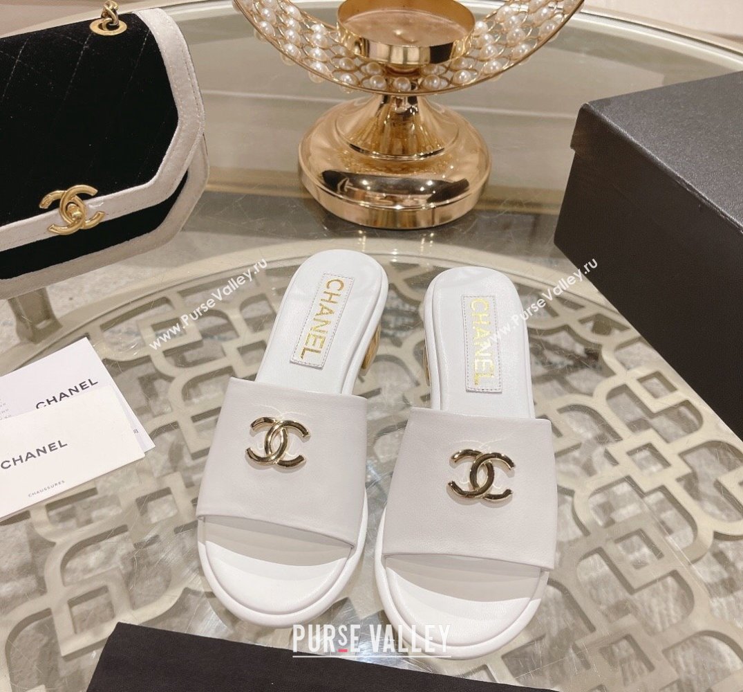 Chanel Gold Heel CC Logo Lambskin Mules White 2024 (modeng-24010422)