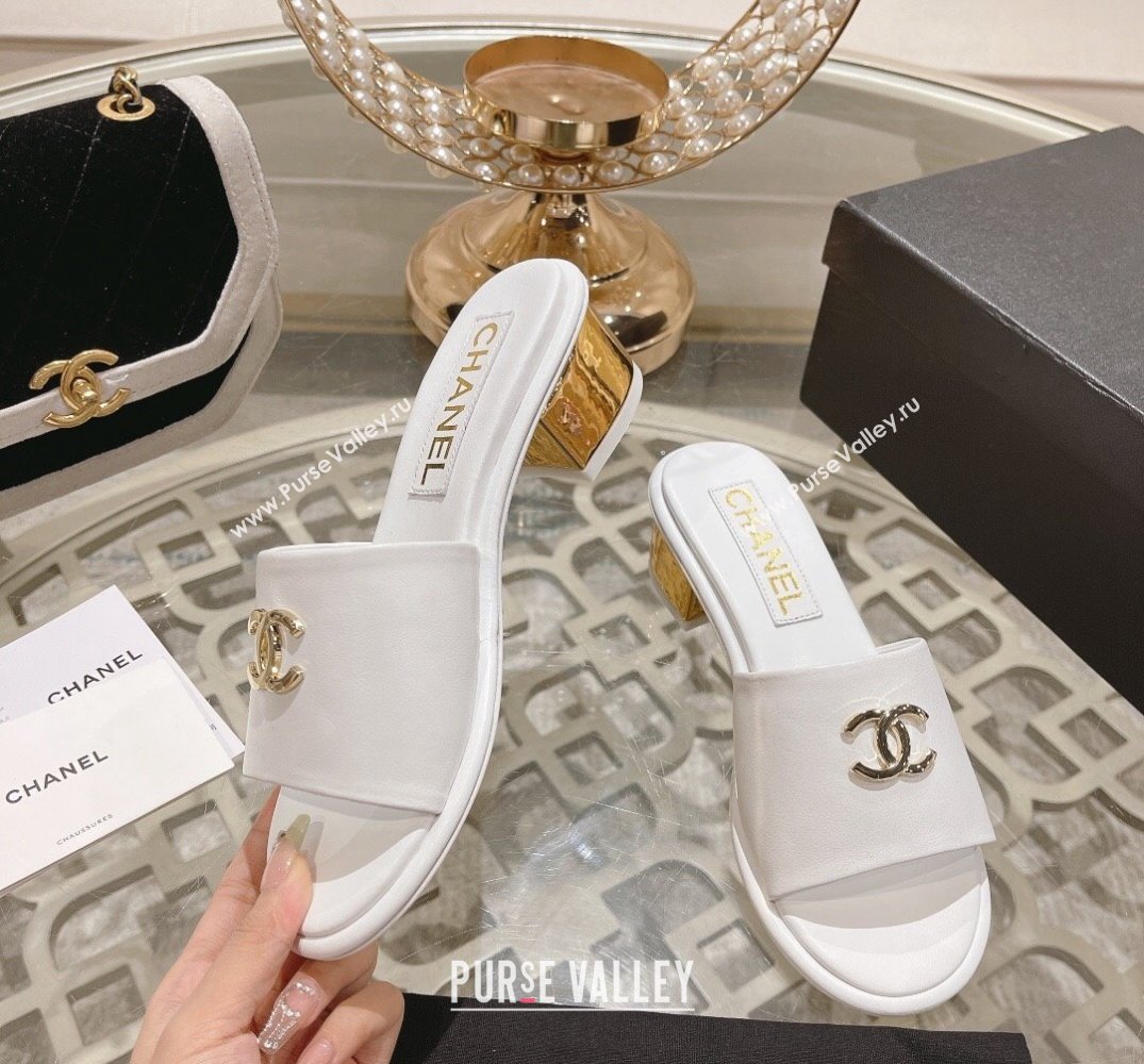 Chanel Gold Heel CC Logo Lambskin Mules White 2024 (modeng-24010422)