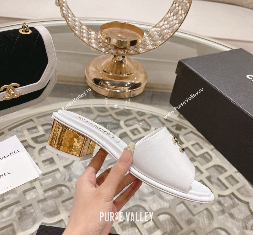 Chanel Gold Heel CC Logo Lambskin Mules White 2024 (modeng-24010422)