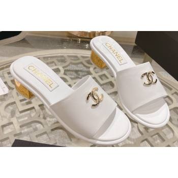 Chanel Gold Heel CC Logo Lambskin Mules White 2024 (modeng-24010422)