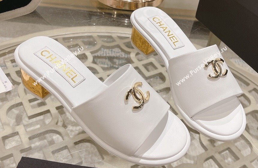 Chanel Gold Heel CC Logo Lambskin Mules White 2024 (modeng-24010422)