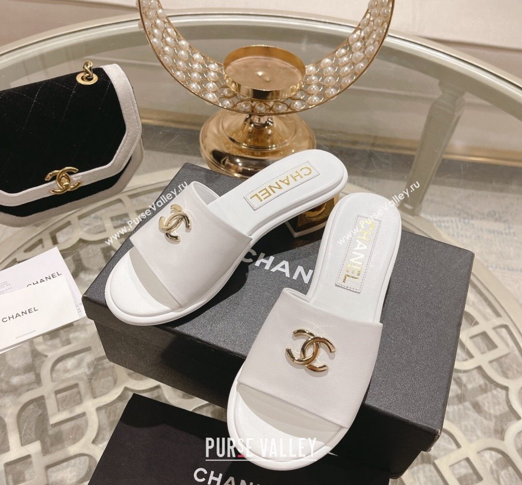 Chanel Gold Heel CC Logo Lambskin Mules White 2024 (modeng-24010422)