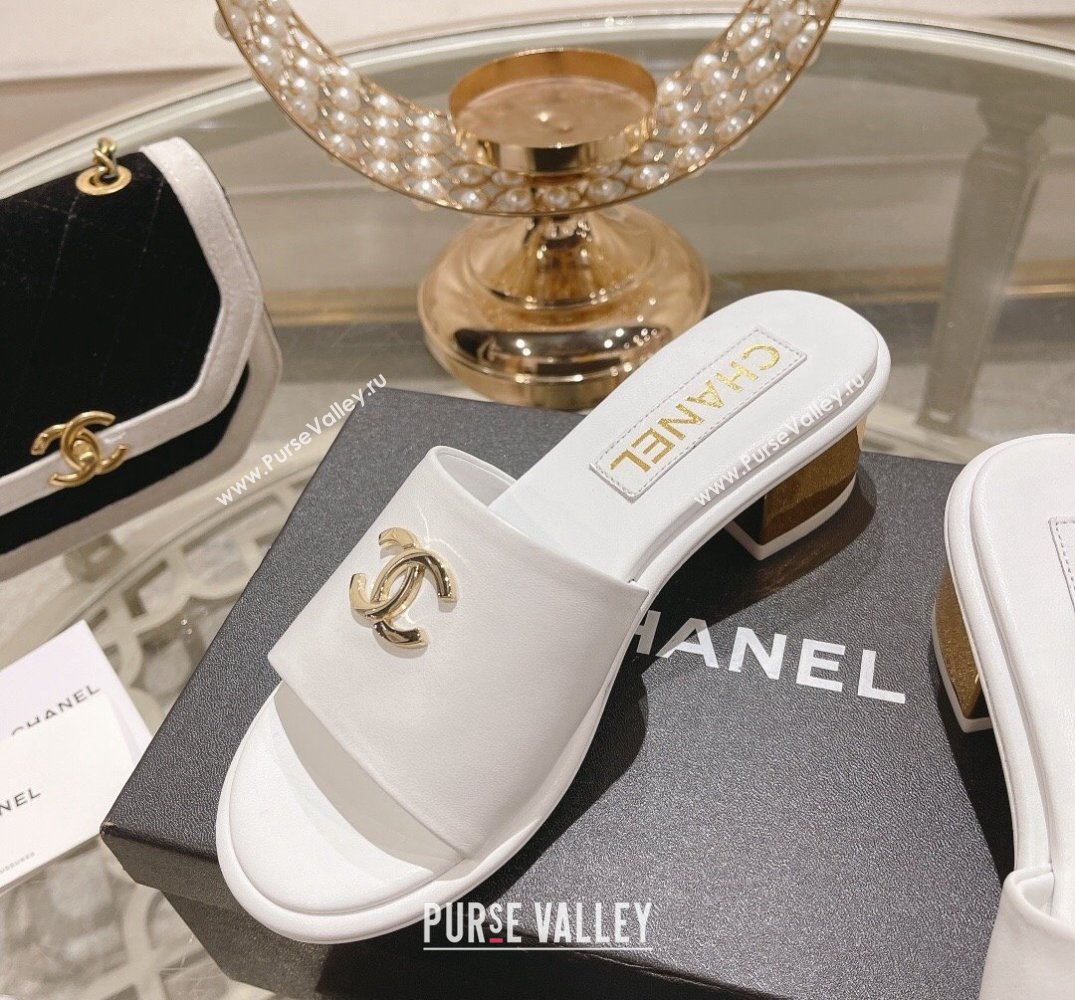 Chanel Gold Heel CC Logo Lambskin Mules White 2024 (modeng-24010422)