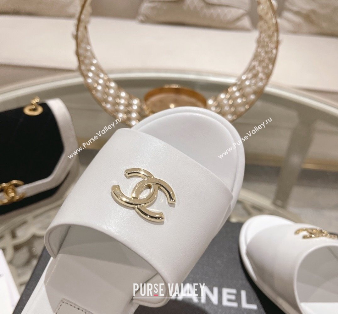 Chanel Gold Heel CC Logo Lambskin Mules White 2024 (modeng-24010422)