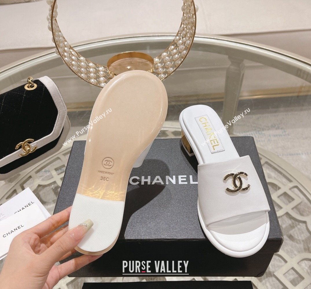 Chanel Gold Heel CC Logo Lambskin Mules White 2024 (modeng-24010422)