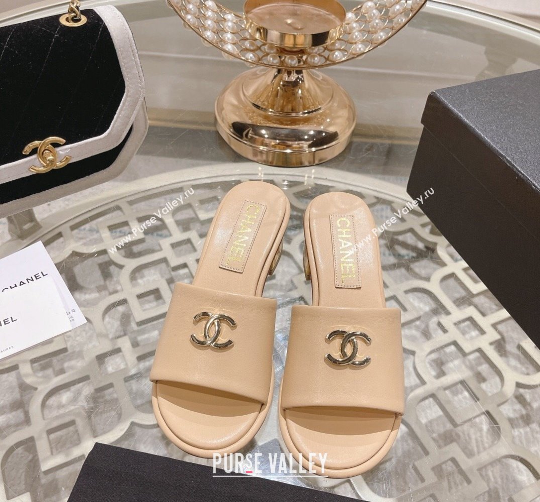 Chanel Gold Heel CC Logo Lambskin Mules Beige 2024 (modeng-24010423)