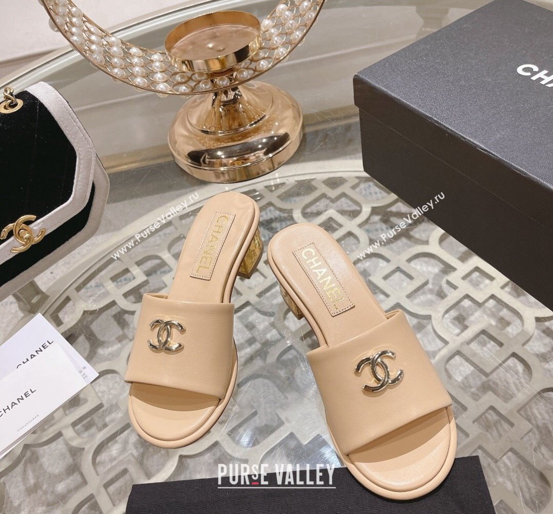 Chanel Gold Heel CC Logo Lambskin Mules Beige 2024 (modeng-24010423)