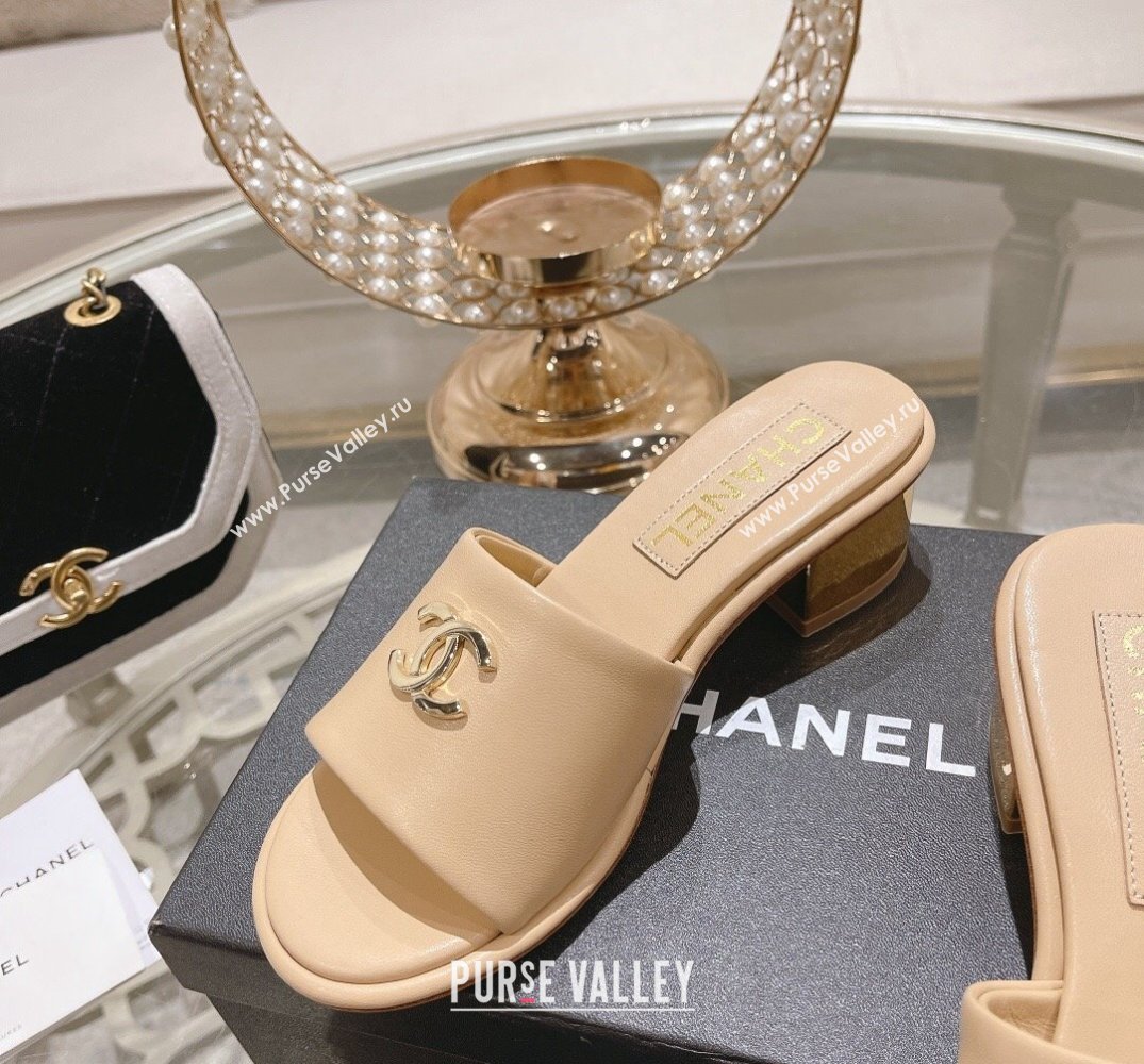 Chanel Gold Heel CC Logo Lambskin Mules Beige 2024 (modeng-24010423)