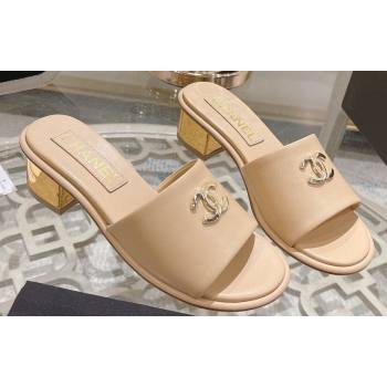 Chanel Gold Heel CC Logo Lambskin Mules Beige 2024 (modeng-24010423)