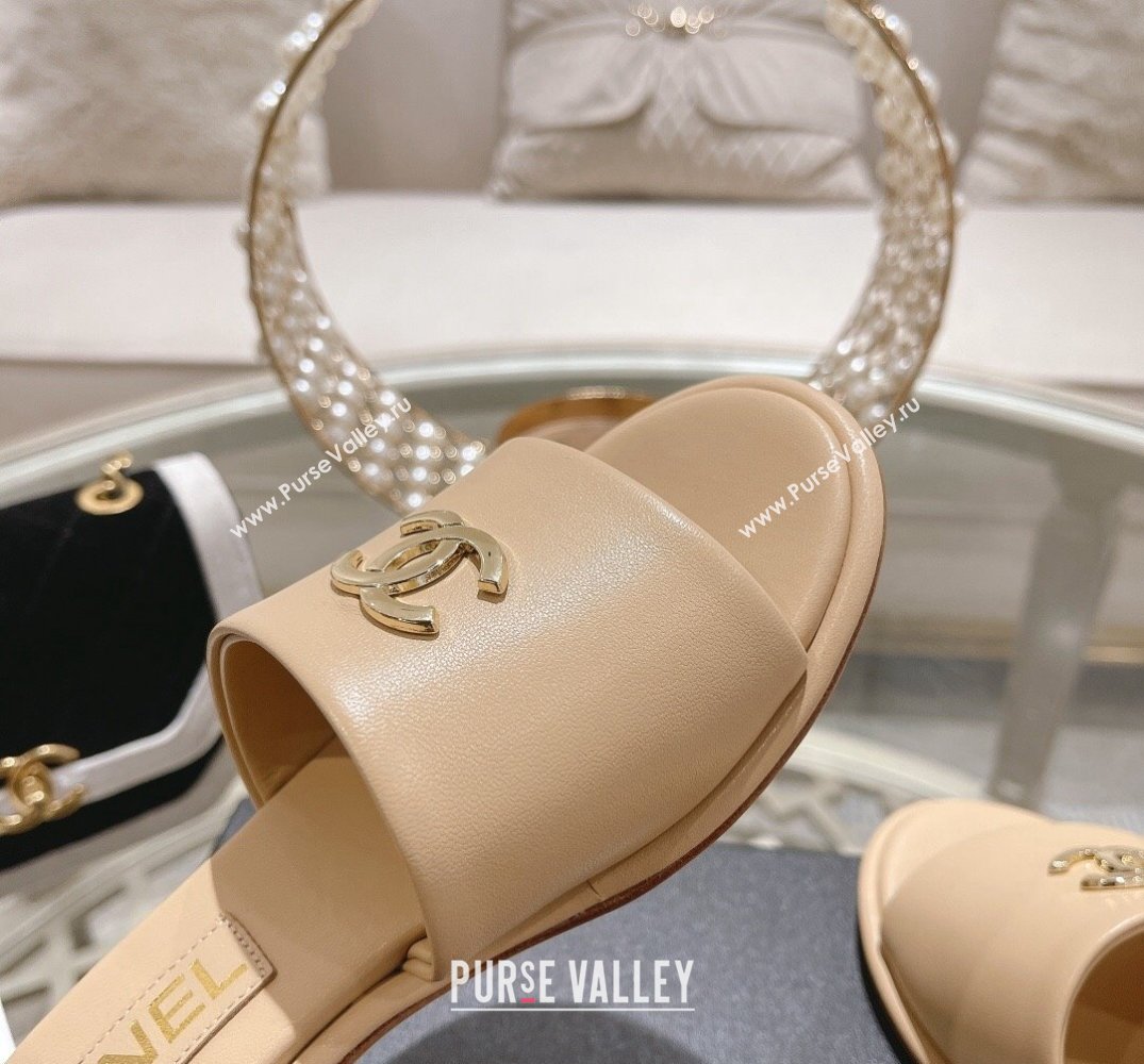 Chanel Gold Heel CC Logo Lambskin Mules Beige 2024 (modeng-24010423)
