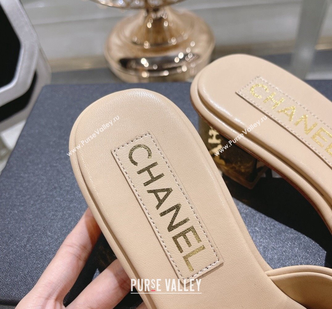 Chanel Gold Heel CC Logo Lambskin Mules Beige 2024 (modeng-24010423)