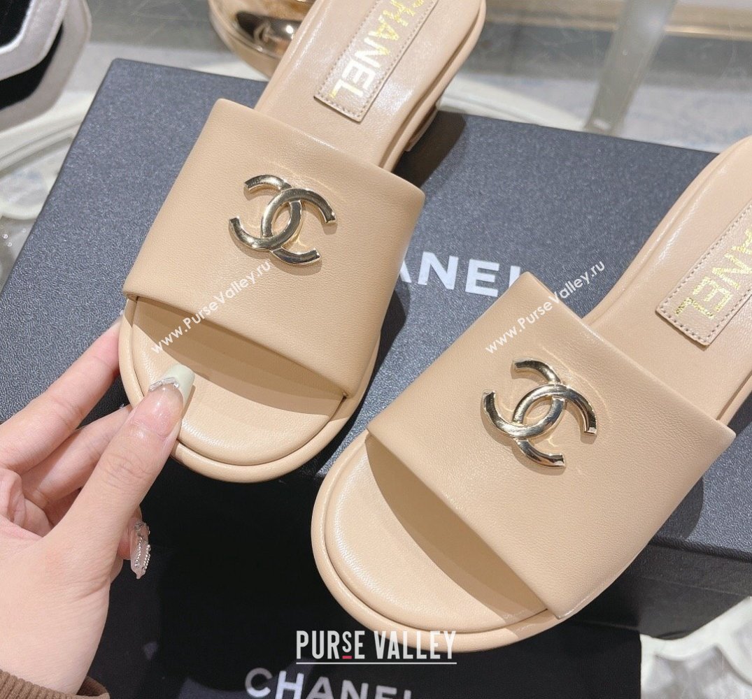 Chanel Gold Heel CC Logo Lambskin Mules Beige 2024 (modeng-24010423)