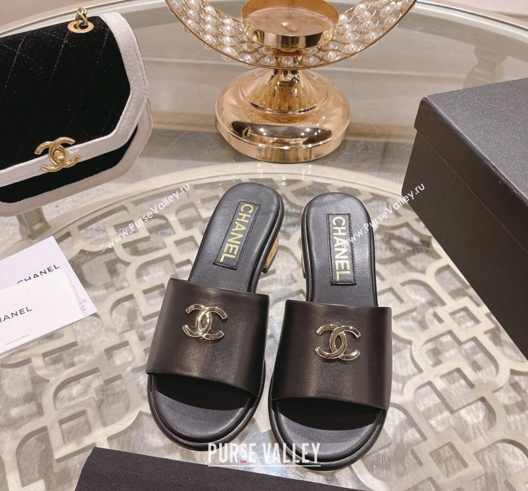 Chanel Gold Heel CC Logo Lambskin Mules Black 2024 (modeng-24010421)