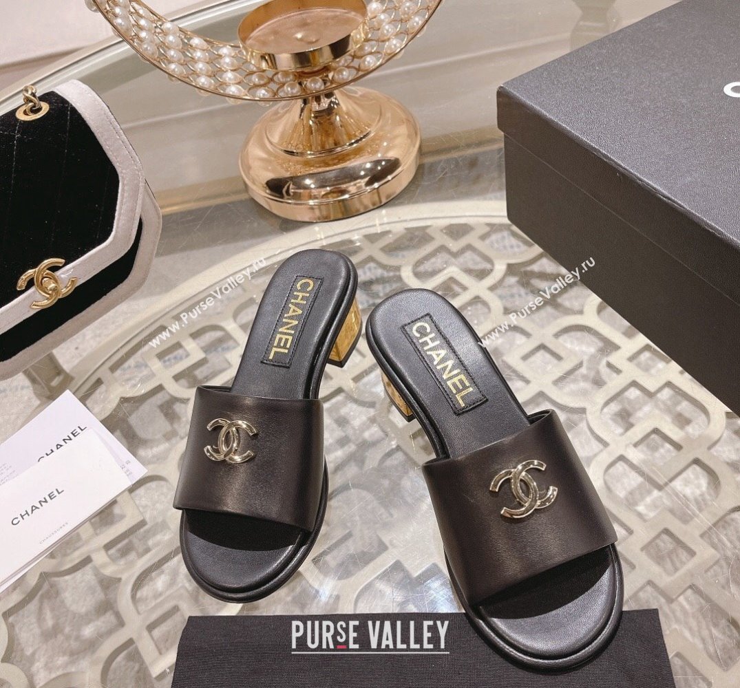 Chanel Gold Heel CC Logo Lambskin Mules Black 2024 (modeng-24010421)