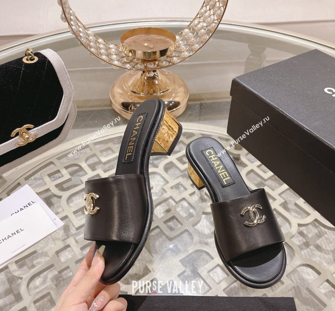 Chanel Gold Heel CC Logo Lambskin Mules Black 2024 (modeng-24010421)
