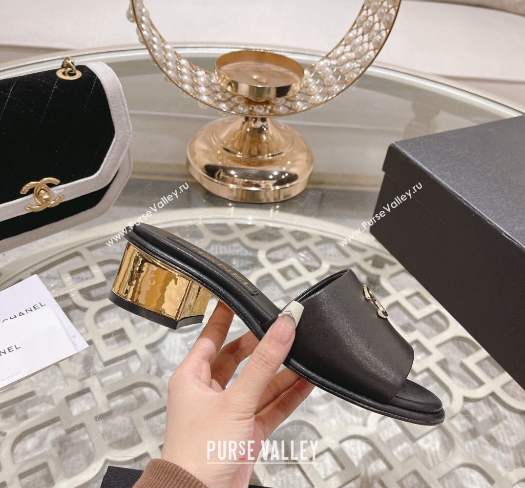 Chanel Gold Heel CC Logo Lambskin Mules Black 2024 (modeng-24010421)