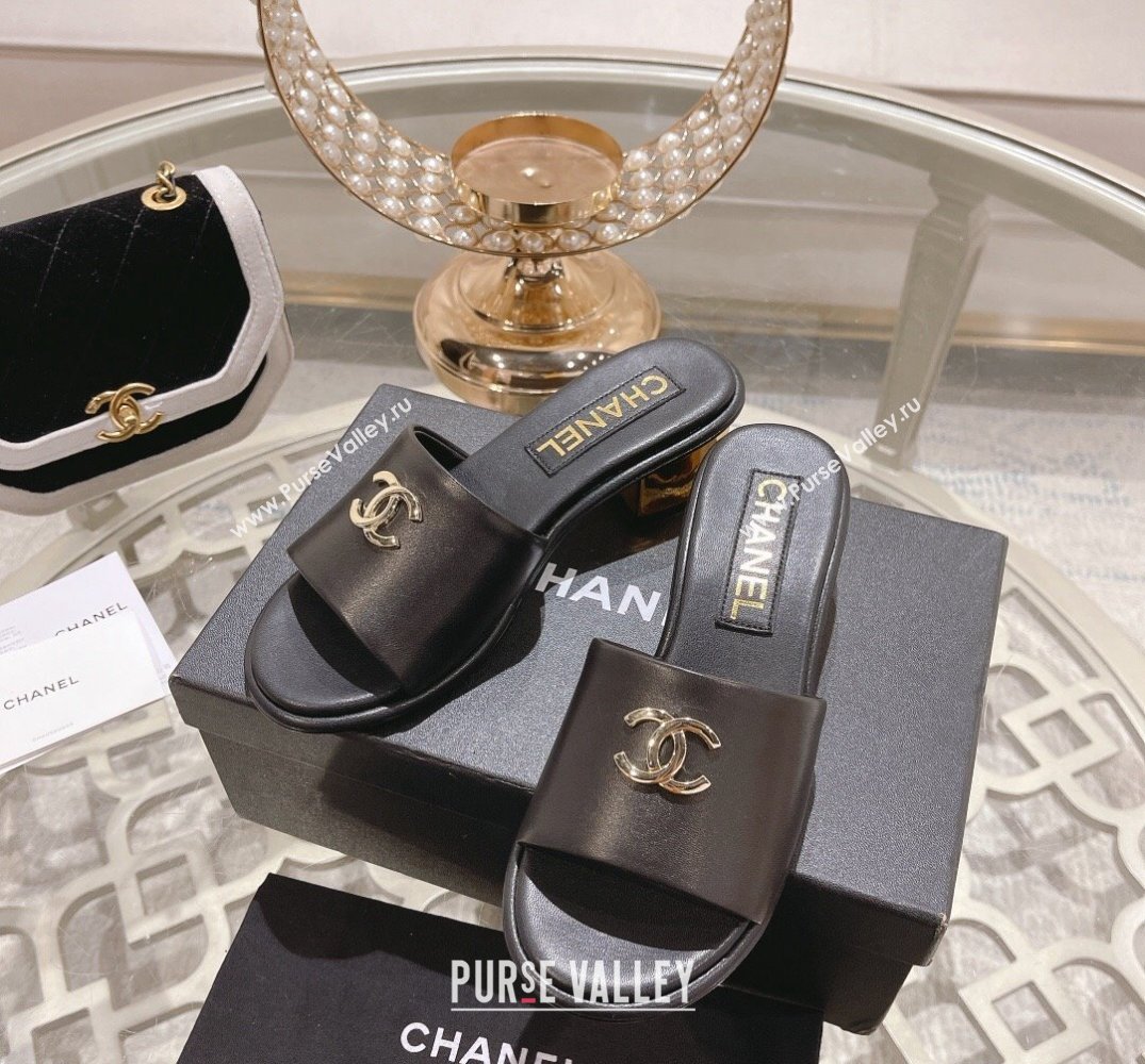 Chanel Gold Heel CC Logo Lambskin Mules Black 2024 (modeng-24010421)