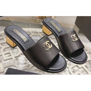 Chanel Gold Heel CC Logo Lambskin Mules Black 2024 (modeng-24010421)