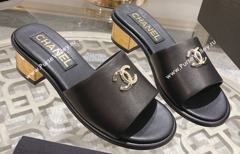 Chanel Gold Heel CC Logo Lambskin Mules Black 2024 (modeng-24010421)