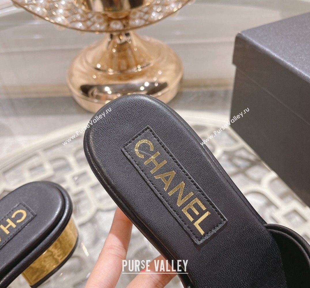 Chanel Gold Heel CC Logo Lambskin Mules Black 2024 (modeng-24010421)