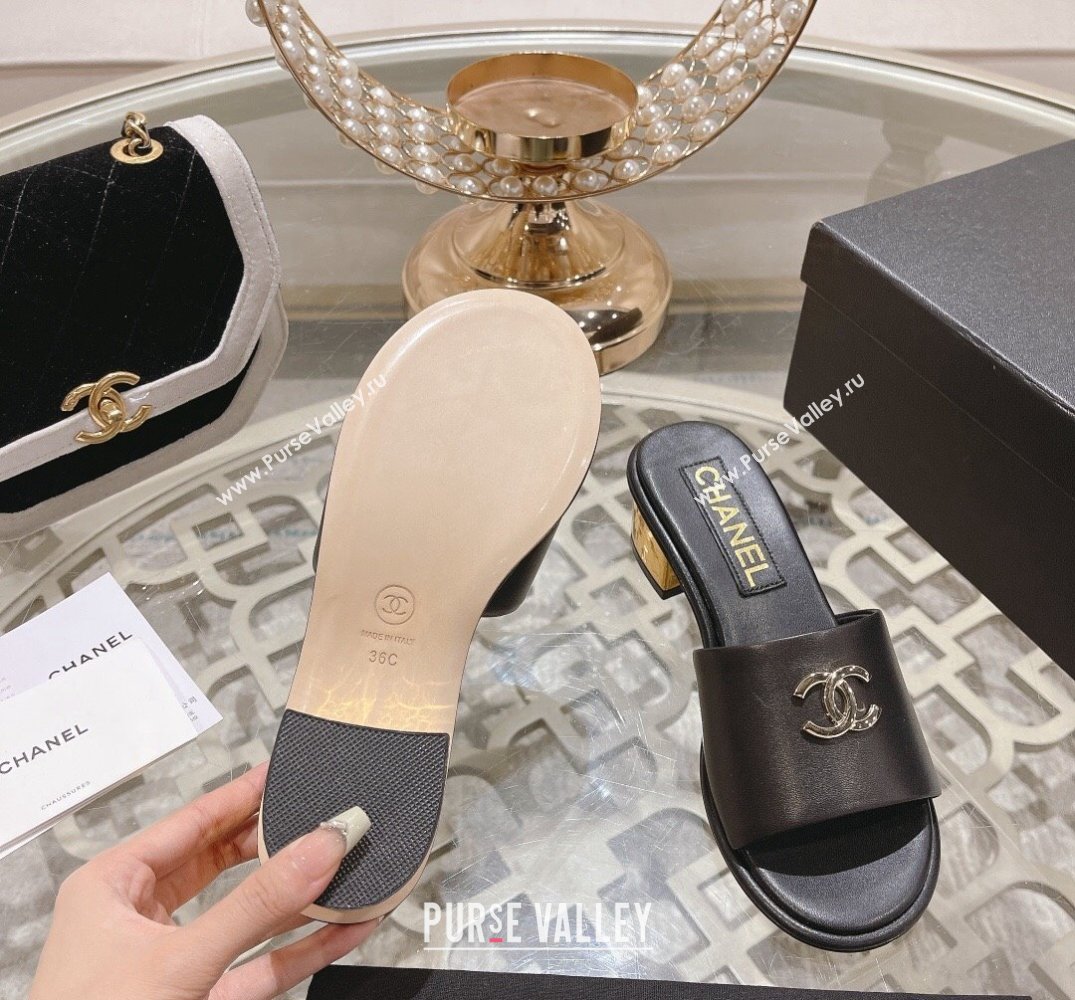 Chanel Gold Heel CC Logo Lambskin Mules Black 2024 (modeng-24010421)
