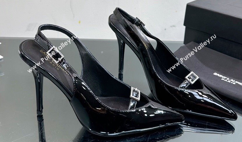 Saint Laurent Heel 10.5cm Luna 105 crystal-buckle patent leather slingback pumps Black 2024 (modeng-24010801)