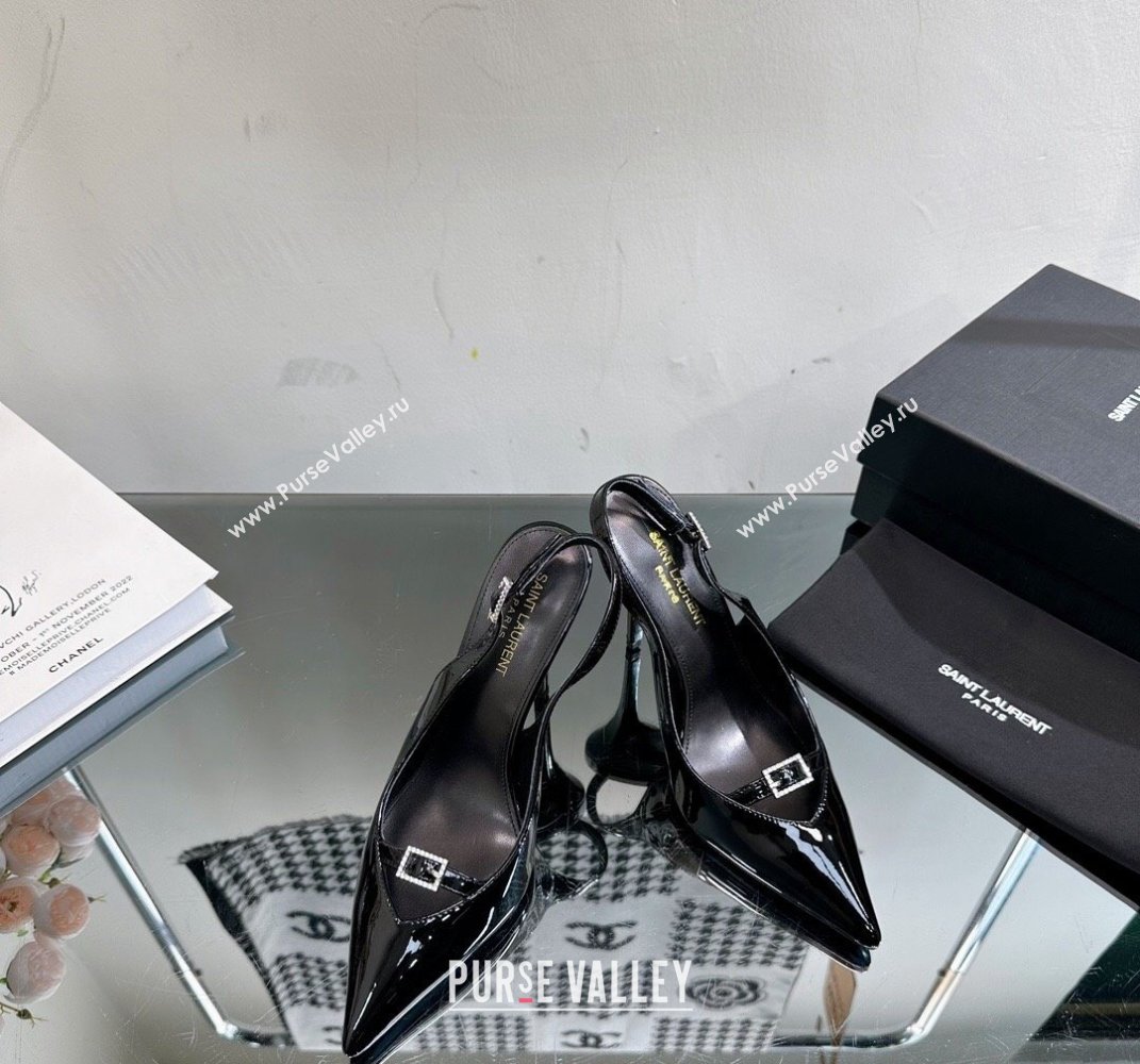 Saint Laurent Heel 10.5cm Luna 105 crystal-buckle patent leather slingback pumps Black 2024 (modeng-24010801)