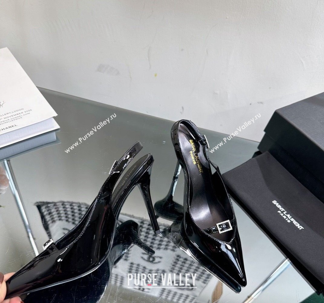 Saint Laurent Heel 10.5cm Luna 105 crystal-buckle patent leather slingback pumps Black 2024 (modeng-24010801)