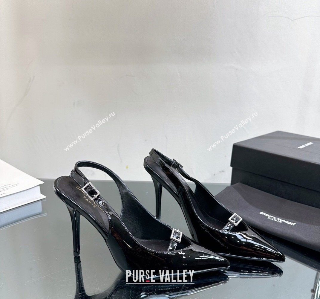 Saint Laurent Heel 10.5cm Luna 105 crystal-buckle patent leather slingback pumps Black 2024 (modeng-24010801)