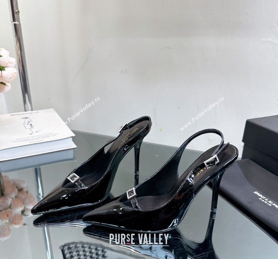 Saint Laurent Heel 10.5cm Luna 105 crystal-buckle patent leather slingback pumps Black 2024 (modeng-24010801)