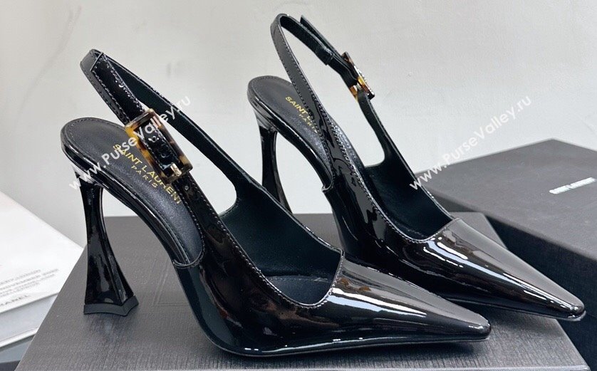 Saint Laurent Heel 10.5cm Kiki patent leather slingback pumps Black 2024 (modeng-24010807)