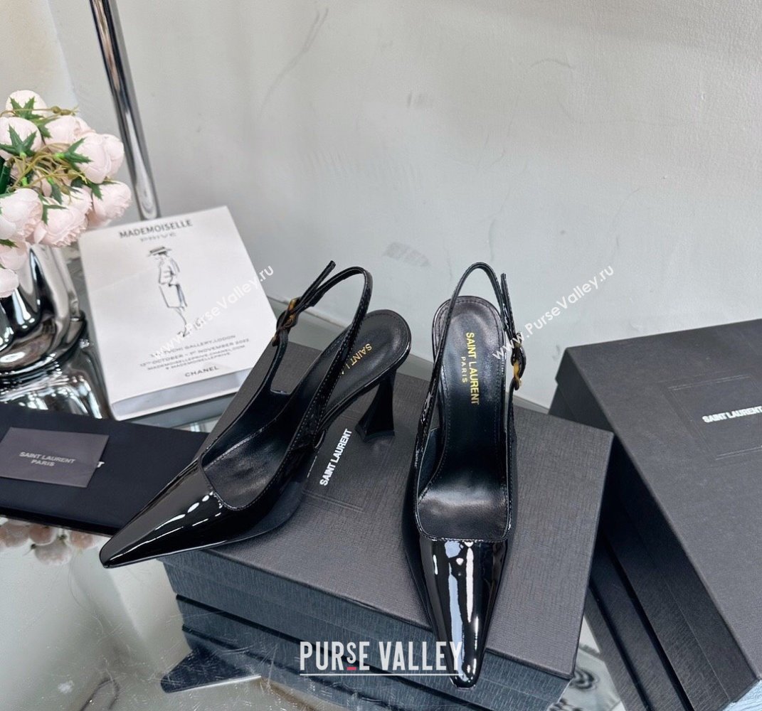 Saint Laurent Heel 10.5cm Kiki patent leather slingback pumps Black 2024 (modeng-24010807)